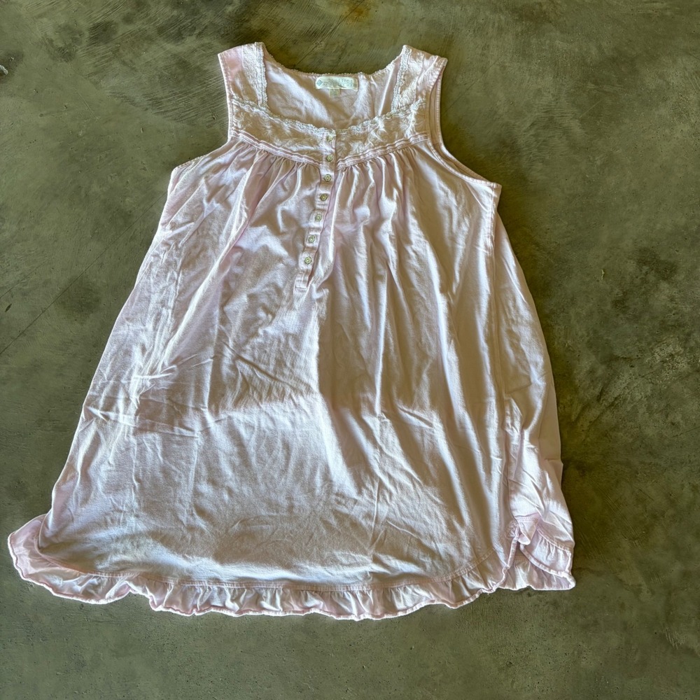 Eileen West Pink Cotton Nightgown Lace Trim Ruffle Hem Sleepwear Large